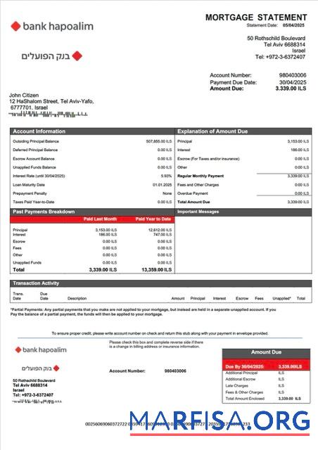 Downloadable Israel Bank Hapoalim mortgage statement Word and PDF template